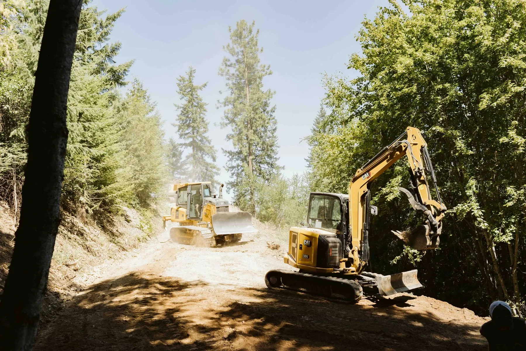 Dozer and mini excavator shaping the driveway subgrade under tall pines.