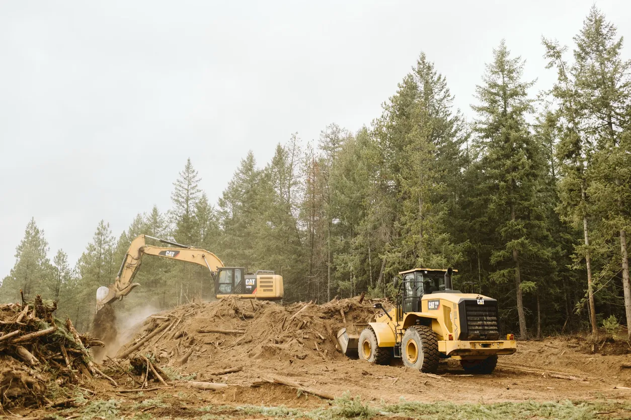 A yellow CAT excavator and CAT wheel loader clearing piles of timber debris and dirt from a forested site.