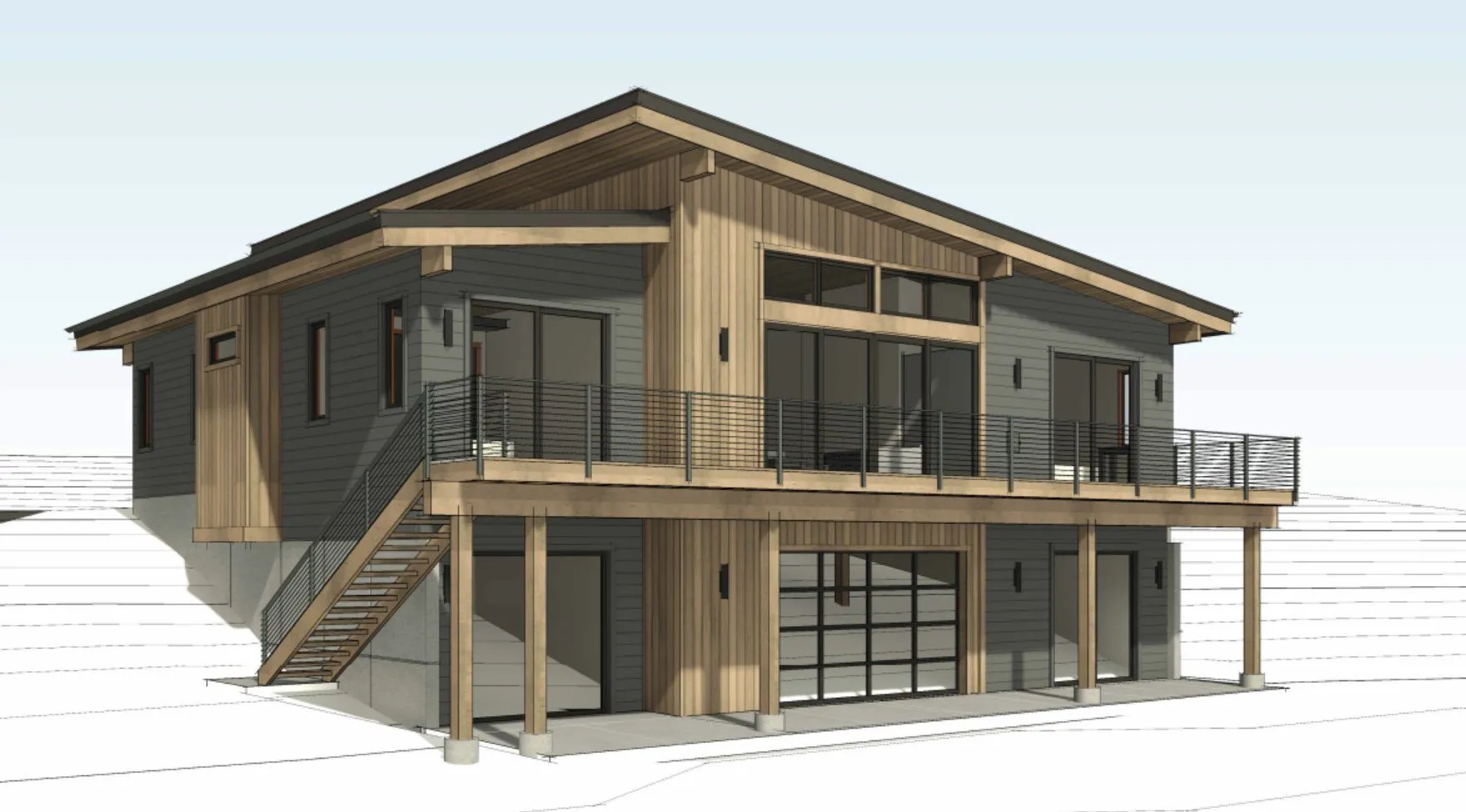 Architectural rendering of the Backside Vista home, a modern two-story design with cedar and gray siding, a wraparound deck and a glass garage door.