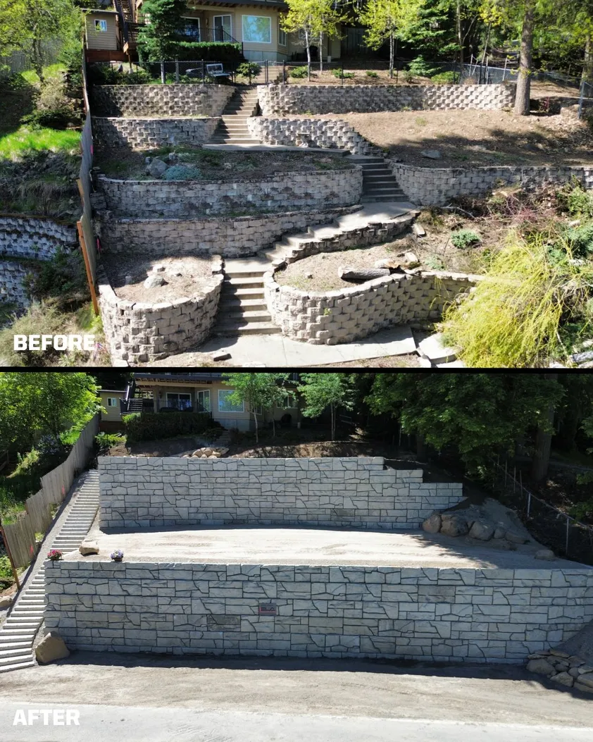 Before and after: crumbling terraced block walls replaced by two tall stone-textured retaining walls with a level terrace and stairs.