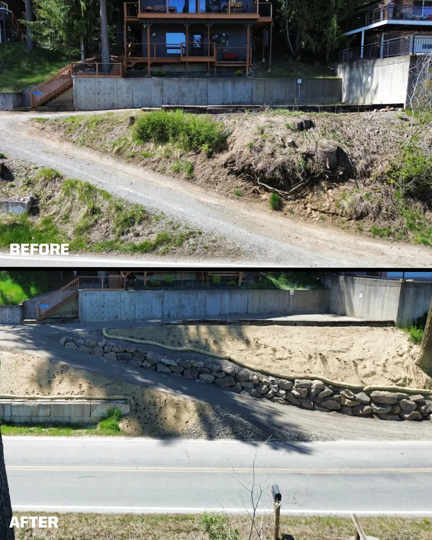Before and after: an overgrown slope beside a gravel drive replaced by a boulder wall and a level gravel parking pad along the road.
