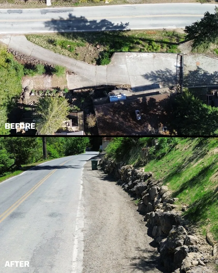 Before and after aerial: a narrow lakeside lot rebuilt with a stabilized shoulder and a boulder wall along Hayden Lake Road.