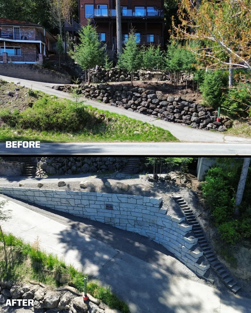 Before and after: a loose rock wall below a driveway replaced by a tall curved block retaining wall with stairs.