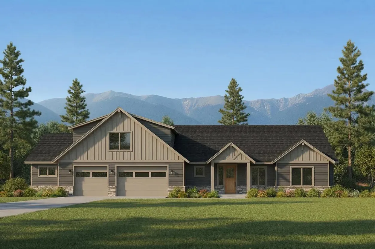 Rendering of the 102 Wallace Lane home, a single-story farmhouse with board-and-batten gables and a three-car garage, set against mountains.