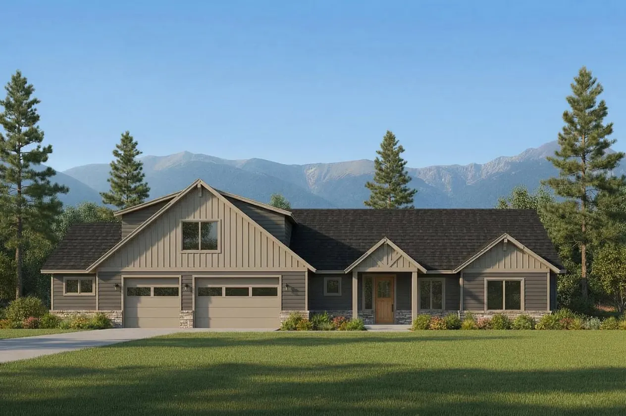 Rendering of the 102 Wallace Lane home, a single-story farmhouse with board-and-batten gables and a three-car garage, set against mountains.