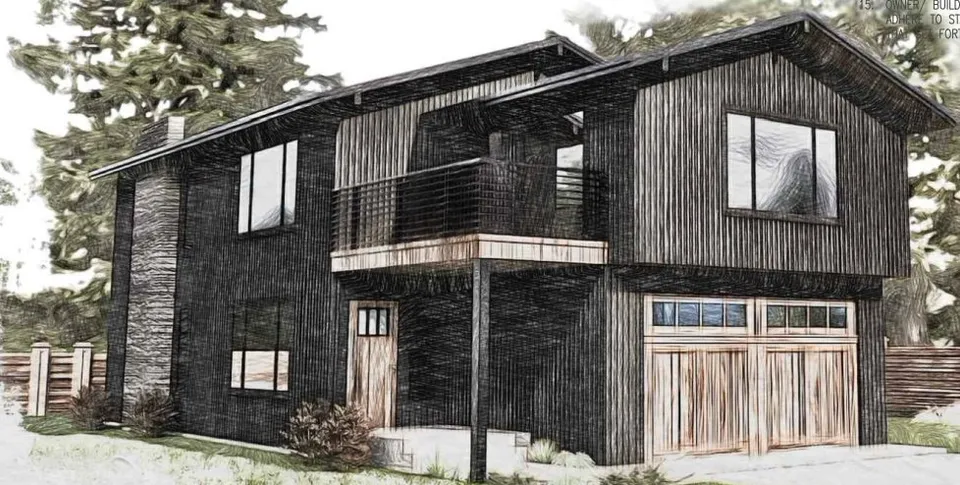 Sketch-style rendering of a two-story townhome with dark board-and-batten siding, a second-floor balcony and wood garage doors.